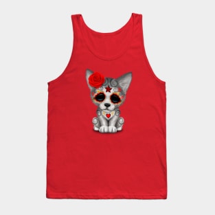 Red Day of the Dead Sugar Skull Wolf Cub Tank Top